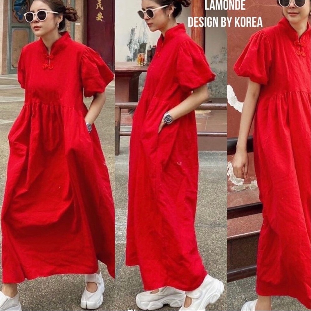 Red linen dress with pocket